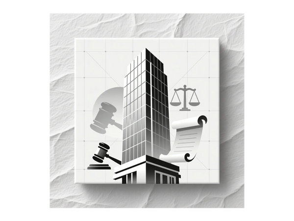 Modern courthouse building with legal symbols like gavel, scales, and legal scroll.