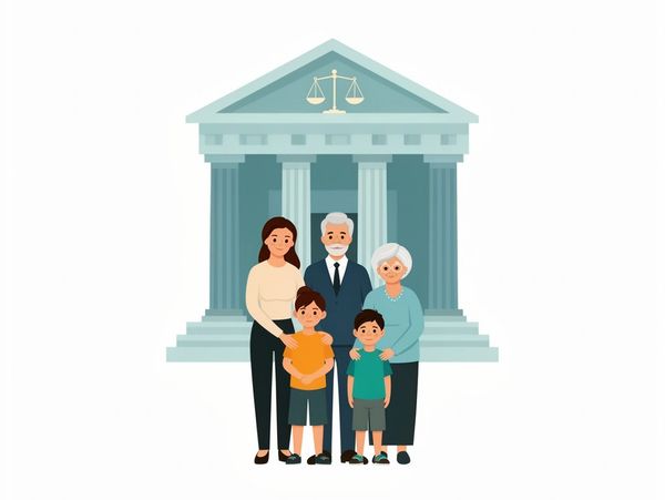 A family stands in front of a courthouse with justice scales symbol.