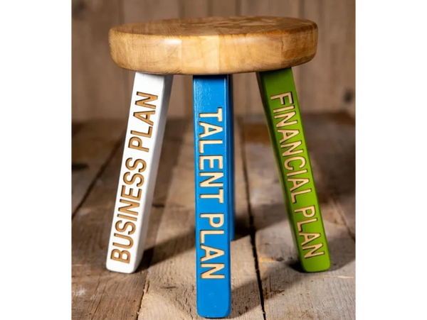 A three-legged stool labeled with Business Plan, Talent Plan, and Financial Plan.