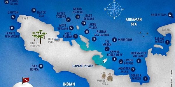 Map of diving spots around an island in the Andaman Sea.