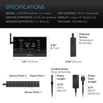 Detailed specifications of the Controller AI+ with sensors and dimensions.