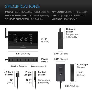 Controller AI+ CO2 sensor kit with dimensions and specifications.
