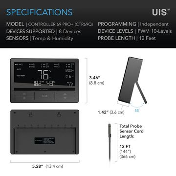 Specifications of the Controller 69 Pro+ with dimensions and sensor details.