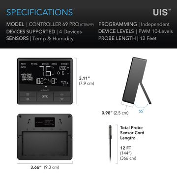 Thermostat controller with dimensions and sensor specifications.
