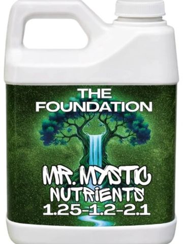 Container of The Foundation Mr. Mystic nutrients with tree and waterfall design.