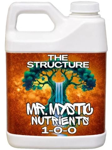 A container of Mr. Mystic Nutrients with a tree and waterfall design.
