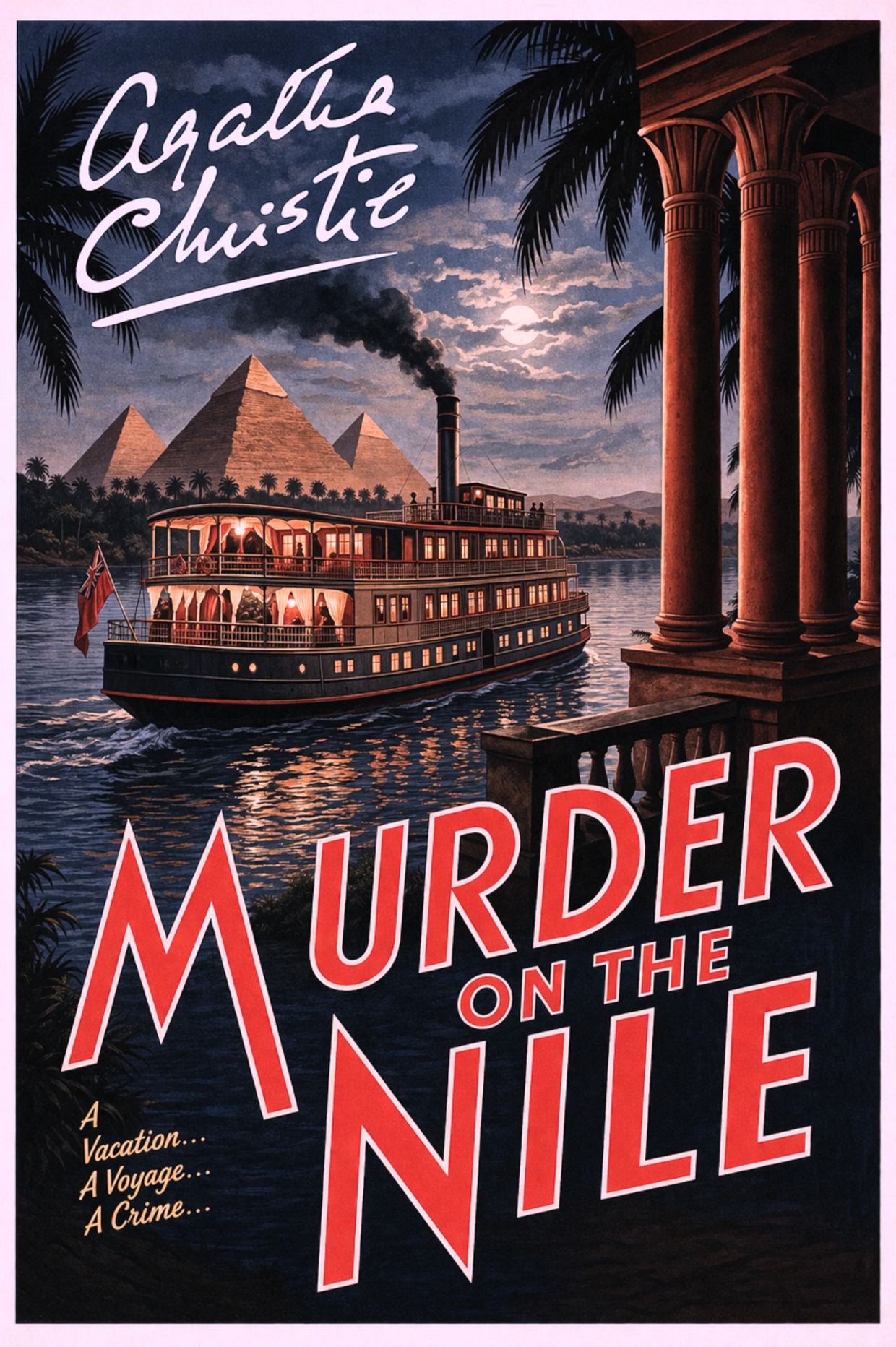 Vintage poster of a steamboat on the Nile with pyramids at night.