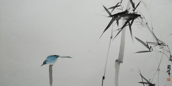水墨画《竹影清吟》，画面以淡墨竹枝与清丽翠鸟为主，留白雅致，展现国画小写意的空灵之美。竹子挺拔，翠鸟栖息，意境悠远，体现中国水墨画、花鸟画、竹子国画的独特魅力。作品适合书画收藏、国画鉴赏，彰显东方艺术的诗意格调。

关键词：水墨画、花鸟画、竹子国画、翠鸟国画、小写意国画、国画作品欣赏、书画收藏、东方艺术