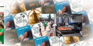 Outdoor hot dog grill with event posters.