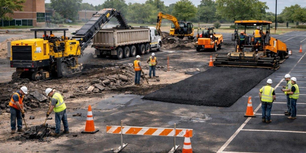Road construction in progress with workers and machinery.