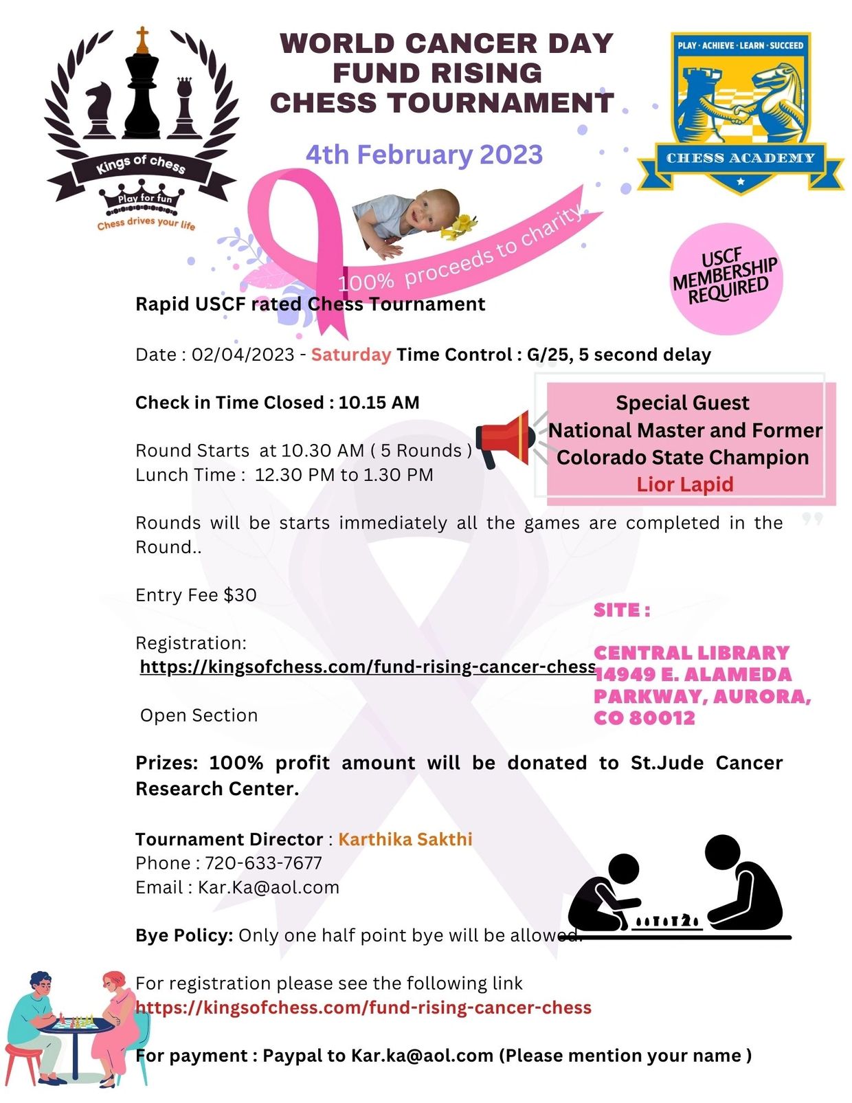 Cancer fund raising chess tournament on 4th February 2023.