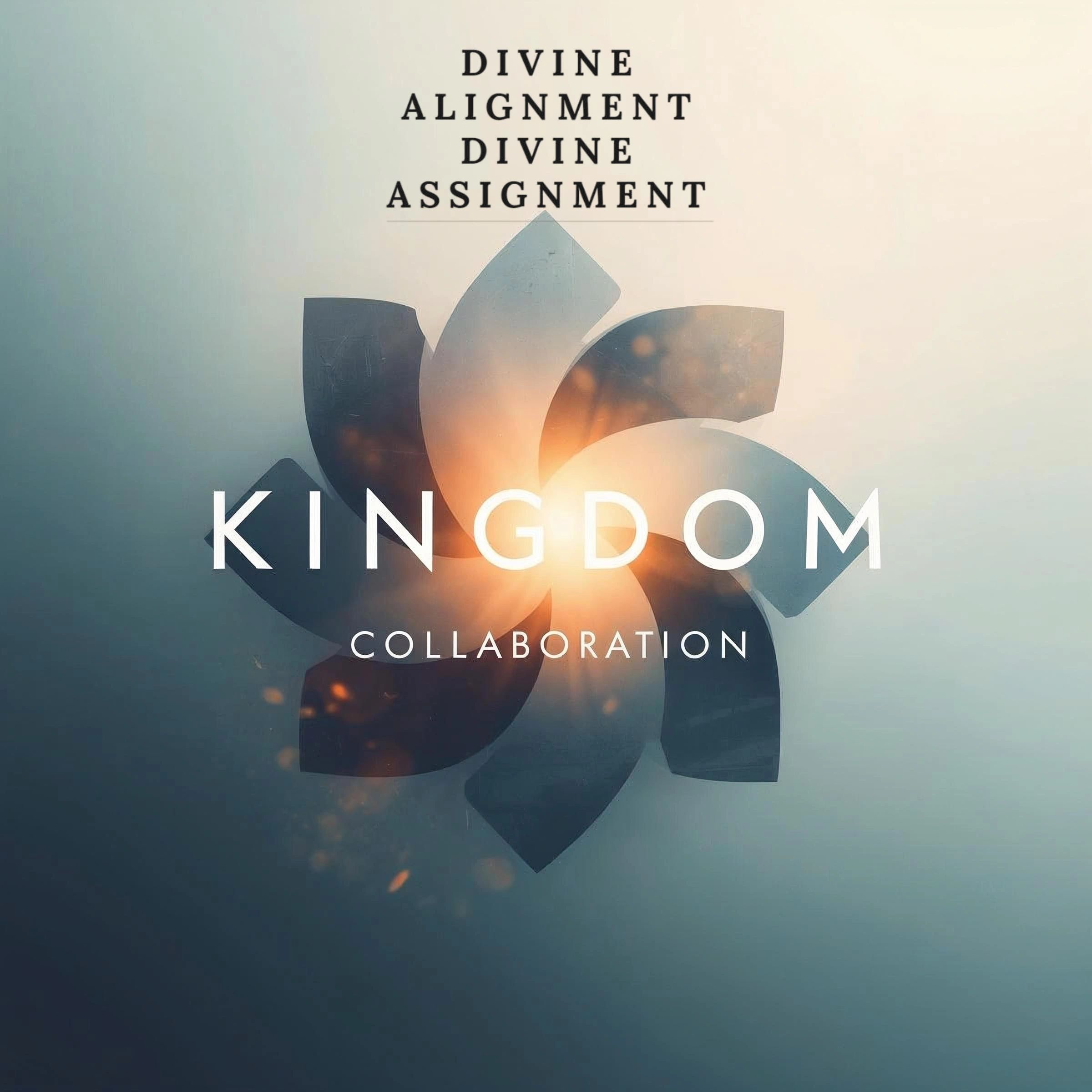 Abstract lotus flower with glowing center and spiritual text about divine alignment and kingdom collaboration.