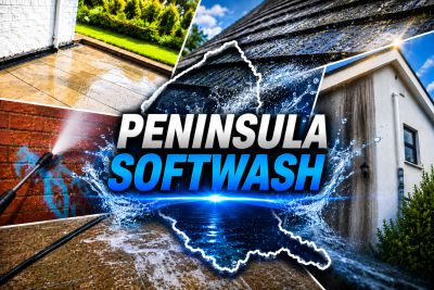 Power washing services cleaning various outdoor surfaces with water.