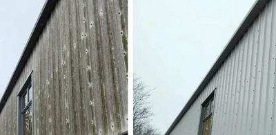 Side-by-side comparison of a weathered, moldy exterior wall and a clean, restored wall.
