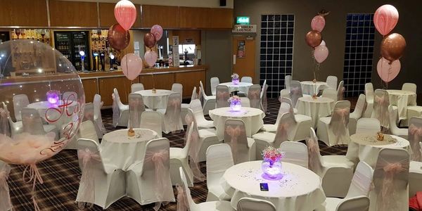 chair covers 
chair sashes 
table linen 
venue dressing 
balloons 
table centres 
room dressing 
balloon clusters 