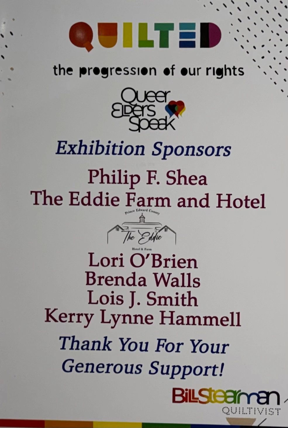 Sign listing sponsors for the Quilted exhibition by Queer Elders Speak.