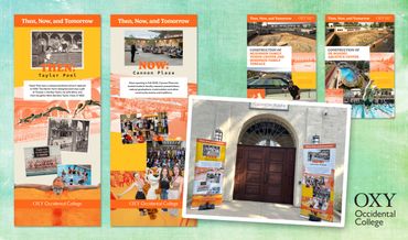 Display panels at Occidental College show historical and current campus moments.