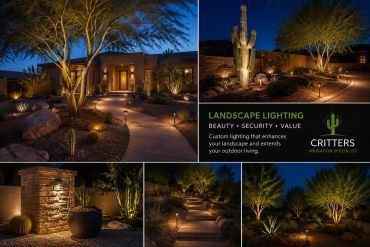 Elegant nighttime landscape lighting enhancing a desert home's beauty and security.