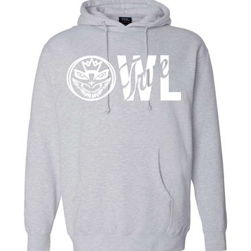 Light gray hoodie with a white graphic design and front pocket.