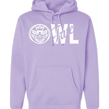 Lavender hoodie with bold white graphic and text on front.