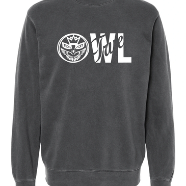 Black sweatshirt with white owl logo and text.