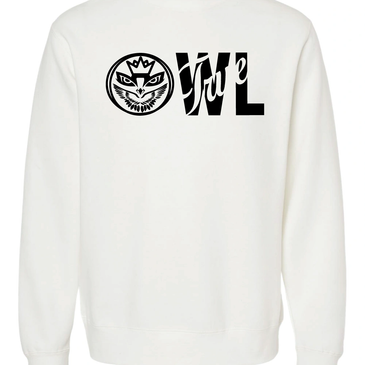 White sweatshirt with bold black graphic design.