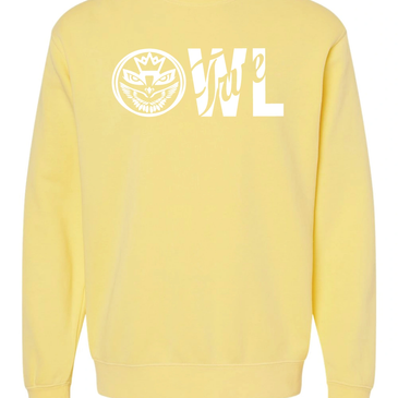 Yellow sweatshirt with stylized white text and owl logo.