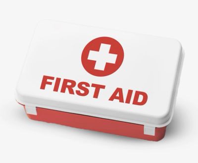 White and red first aid kit with a cross symbol.
