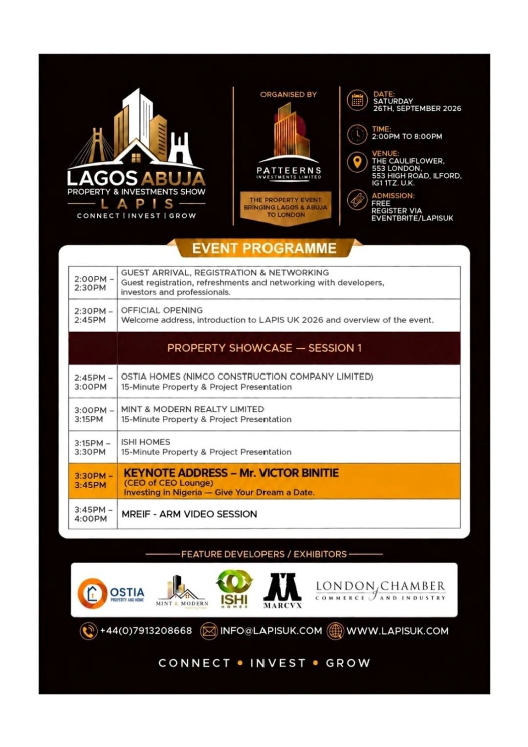 Lagos Abuja Property &amp; Investments Show event details and schedule for September 26, 2026.