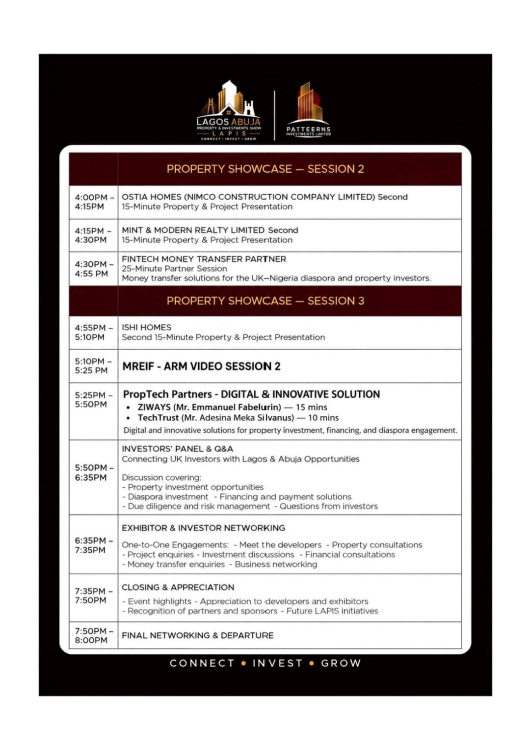 Schedule of Lagos Abuja Property &amp; Investments Show sessions.