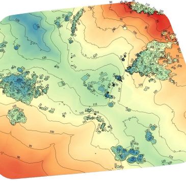 Colored contour map showing varying elevation levels.