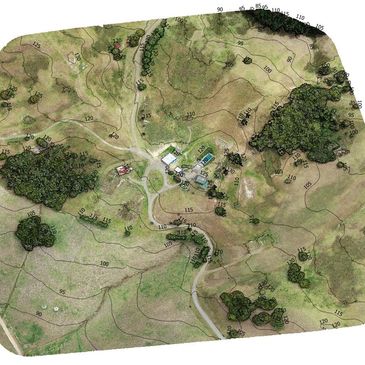 Topographic map showing elevation contours and vegetation clusters around a rural area with buildings.