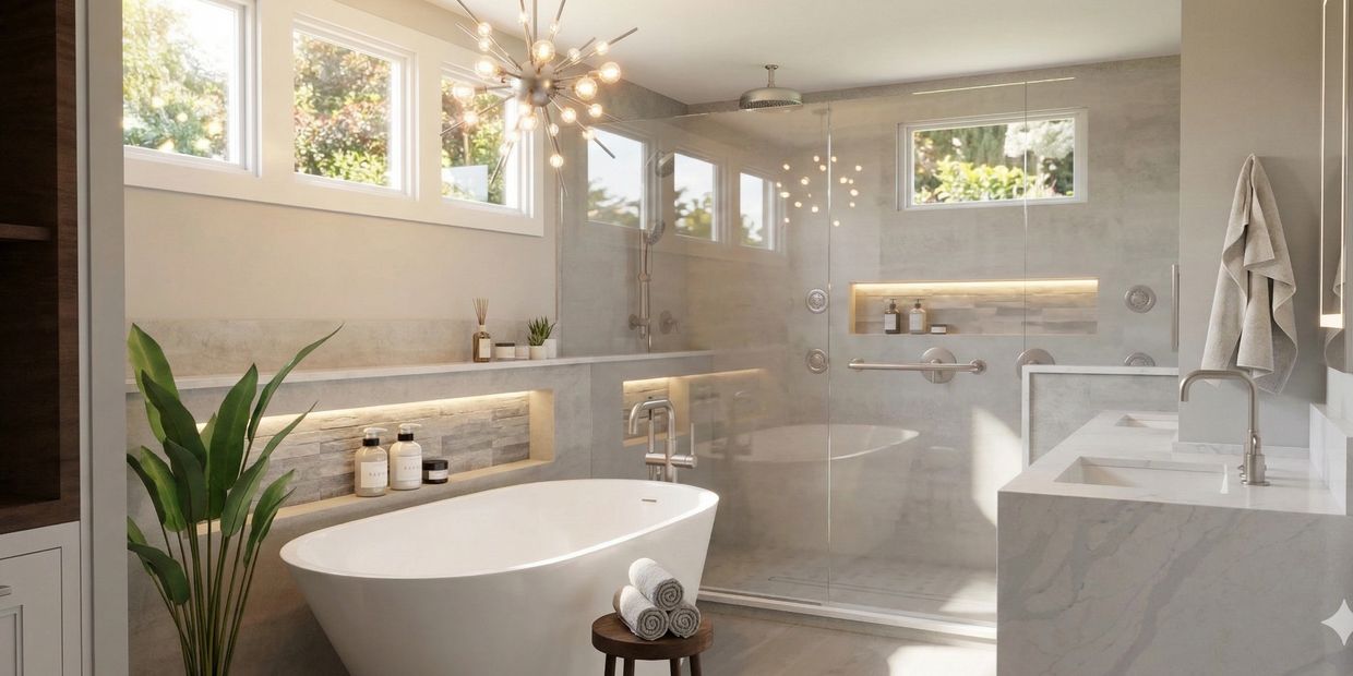 Modern bathroom with a freestanding tub and glass shower enclosure.