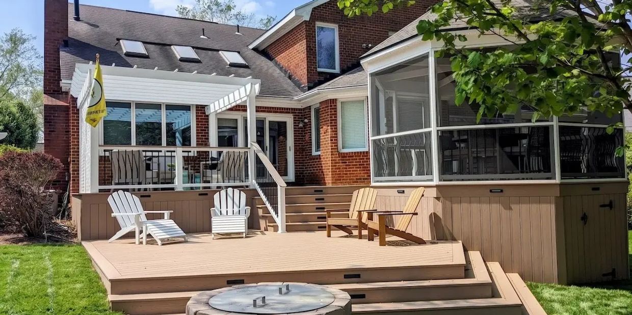 PVC Deck with pergola, gazebo, &  railings, & fire pit.