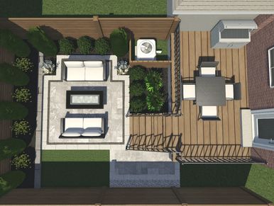 Top view of a fenced backyard with seating and dining areas.