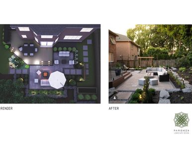 Comparison of a backyard design: render vs. actual.
