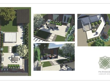 Modern backyard patio design with seating, greenery, and paved areas.