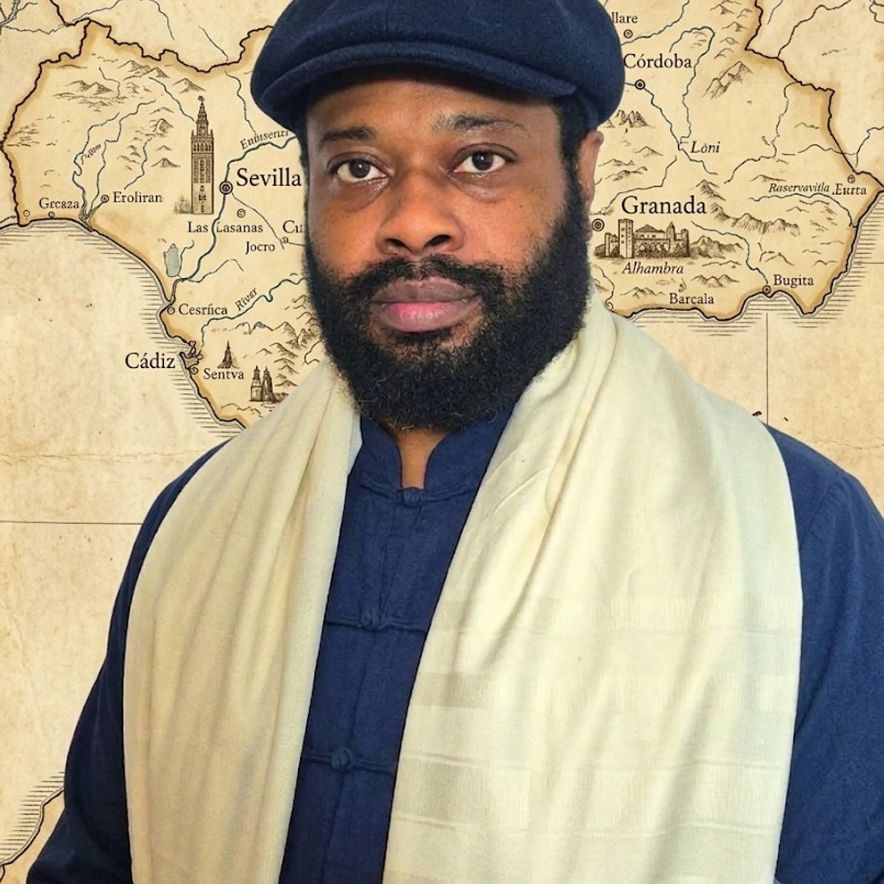 A man with a beard and flat cap stands against a vintage map background.