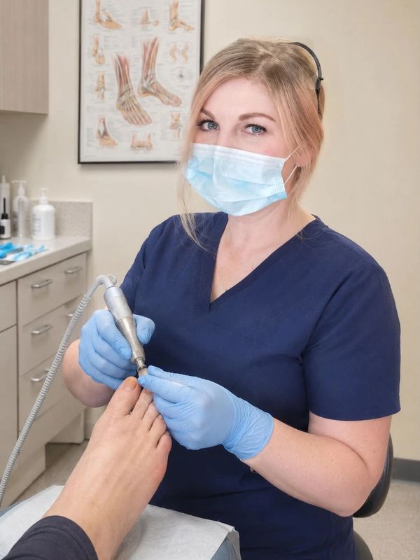 A podiatrist wearing gloves and mask treating a patient's foot with a medical device.