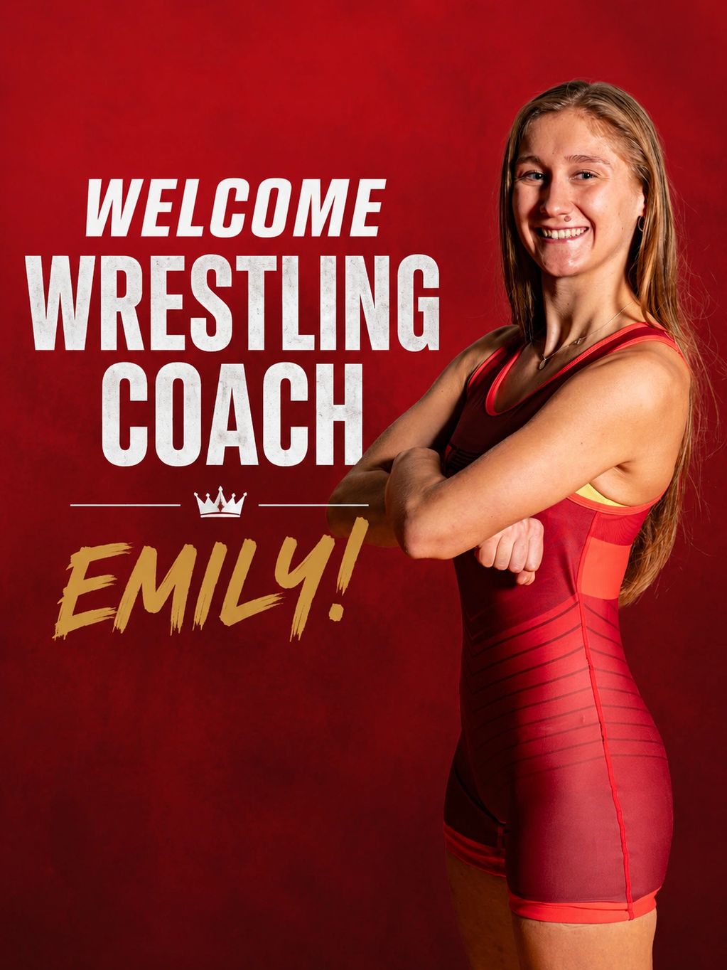 Welcome wrestling coach Emily smiling confidently.