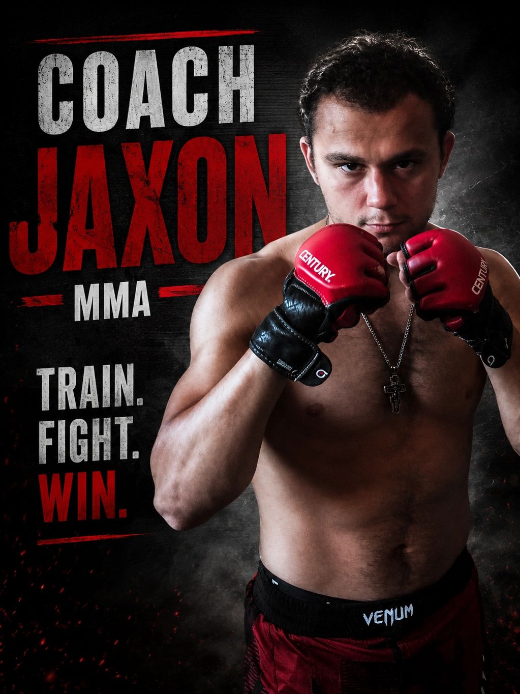 MMA coach ready to fight with gloves up.