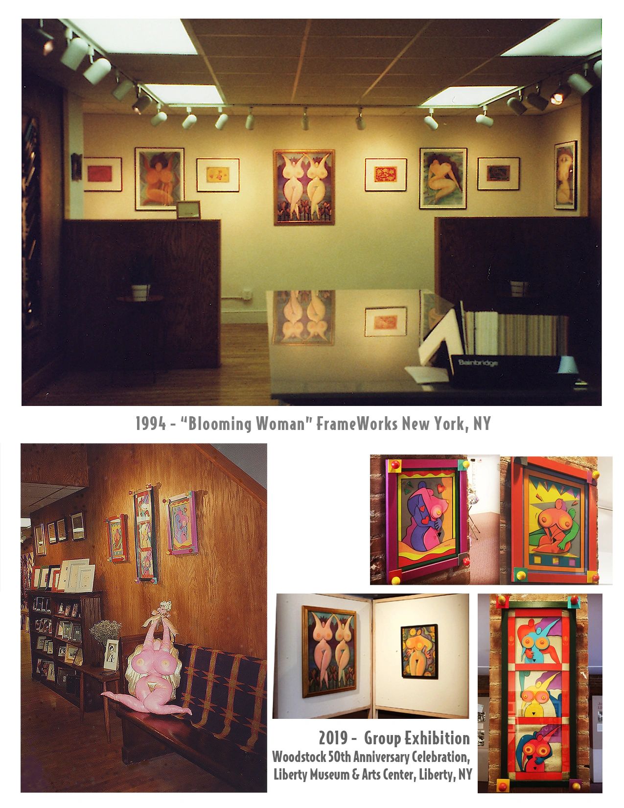 Art exhibitions showcasing colorful, abstract female forms from 1994 and 2019 in New York galleries.