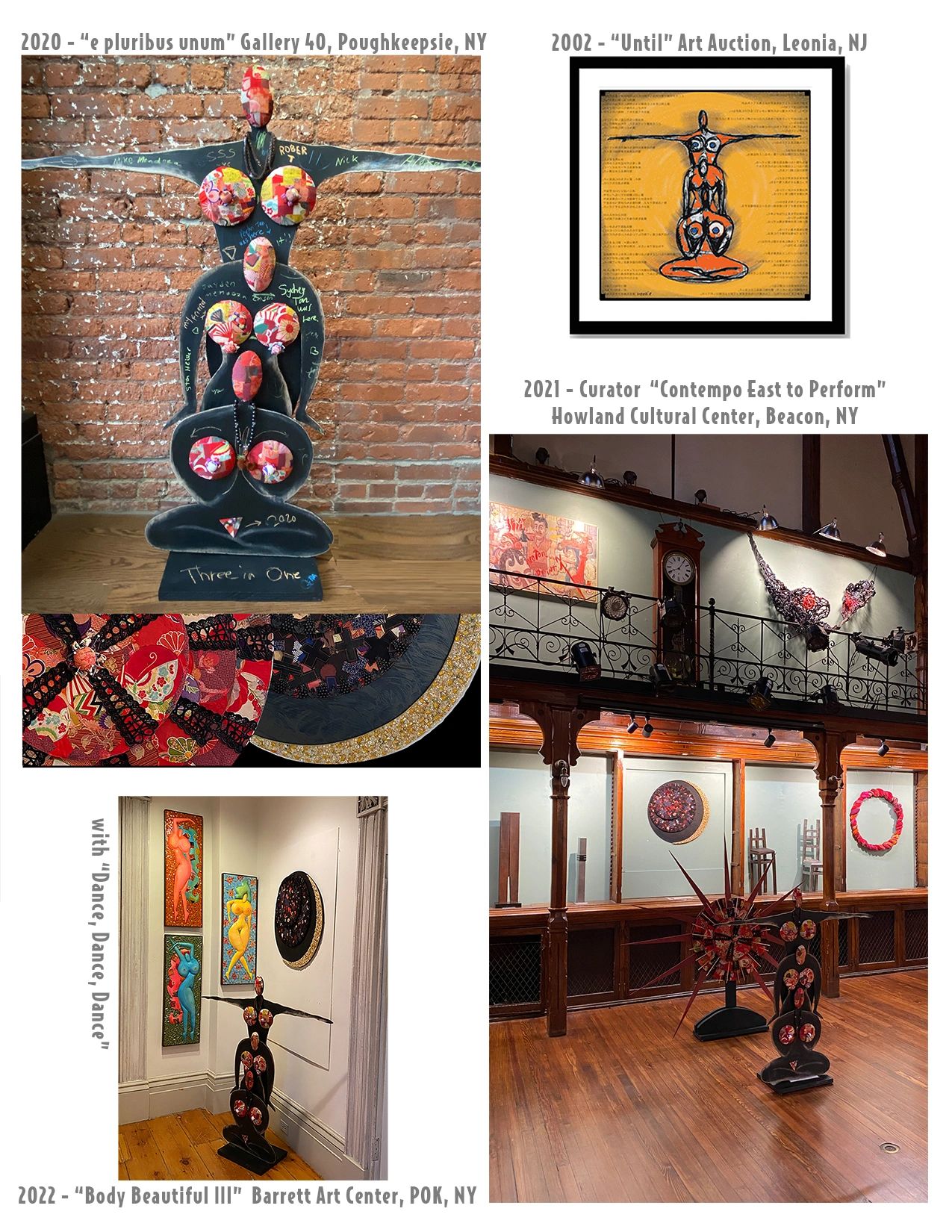 Art installations and exhibitions featuring abstract sculptures and paintings in various galleries.