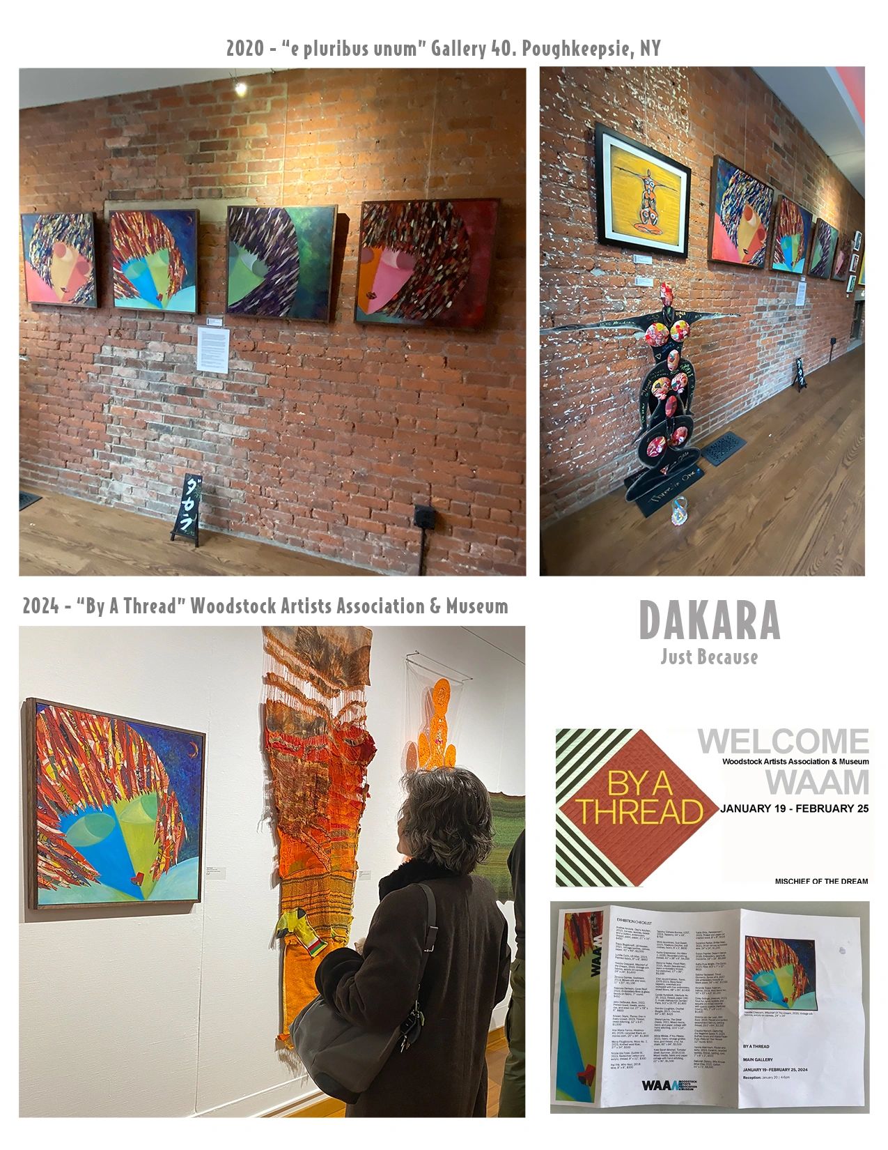Art exhibitions showcasing colorful abstract portraits and textiles at Gallery 40 and Woodstock Artists Association.