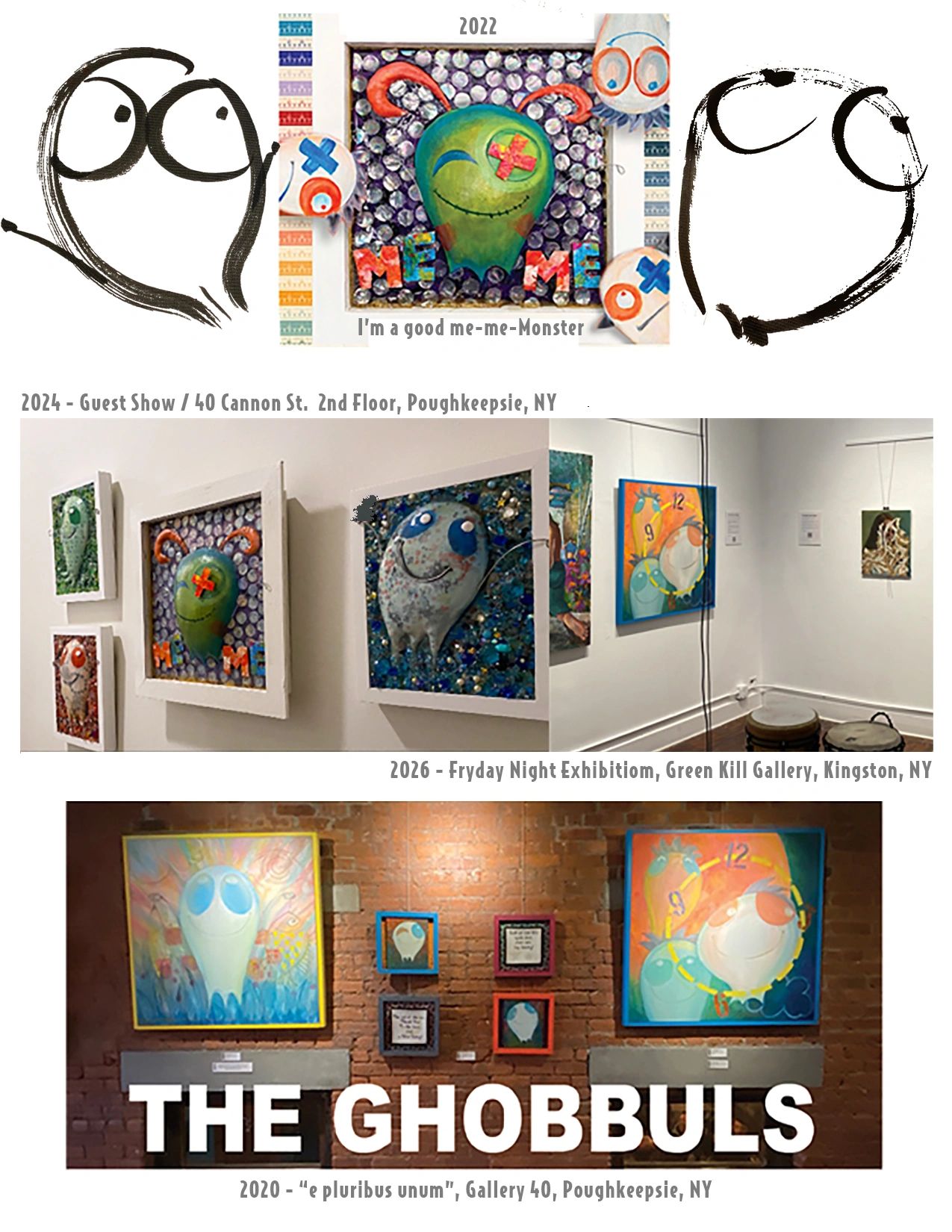 Colorful Ghobbuls art exhibits in New York galleries from 2020 to 2026.