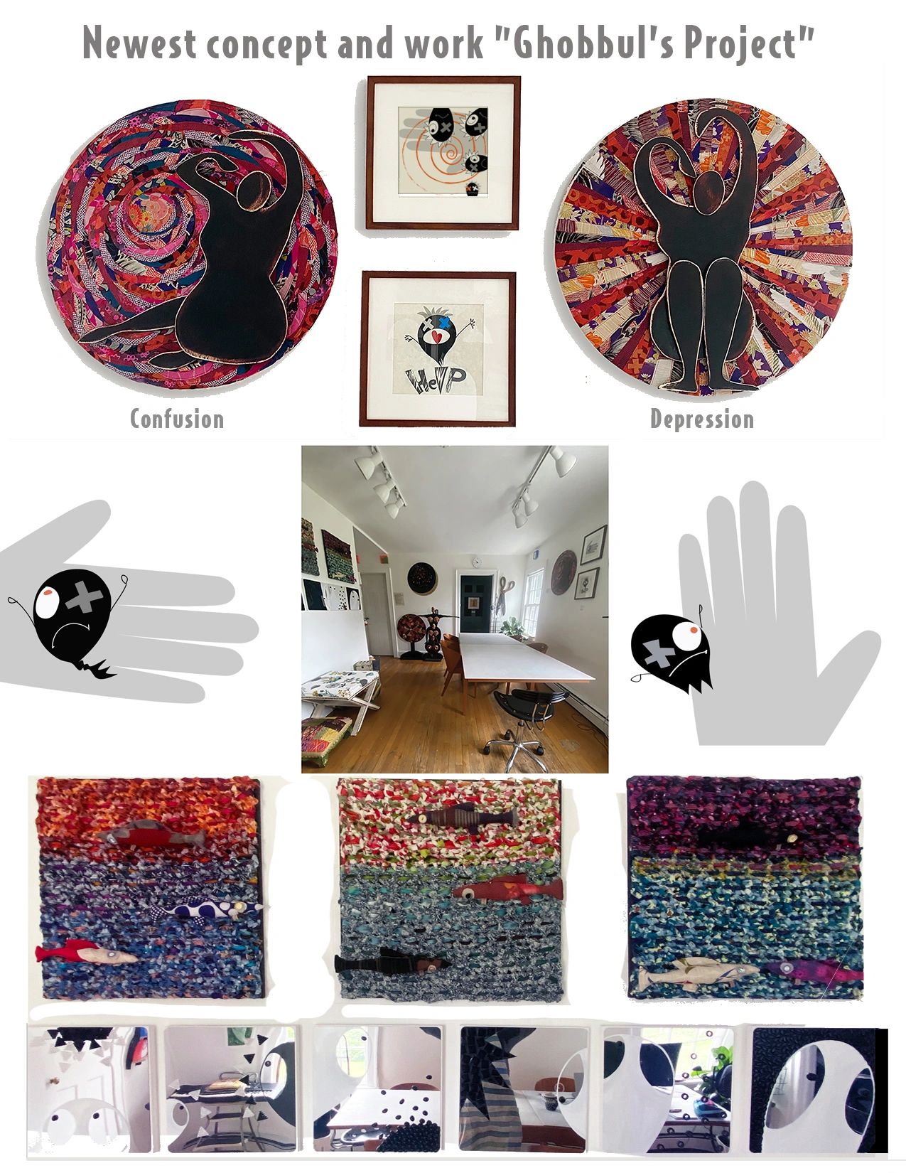 Art display titled 'Ghobbuls Project' showing confusion and depression themes with colorful, textured artwork in a gallery.
