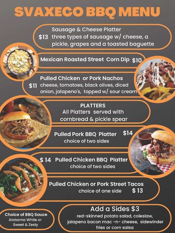 Got BBQ? Yes, we do! Pulled Pork or Chicken, Street Tacos, and an amazing sausage platter!