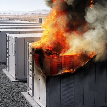 A row of data center containers with one on fire, emitting thick smoke and flames.