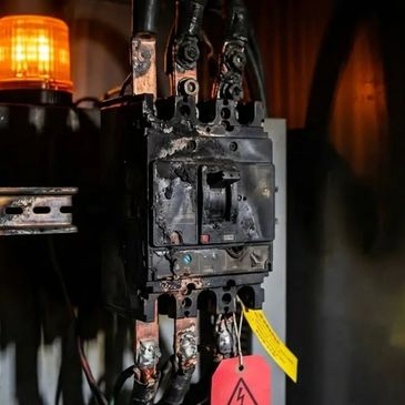 Burnt electrical circuit breaker with warning signs and an orange alert light.