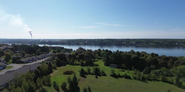 River bordered by greenery and a small neighborhood under a clear sky.